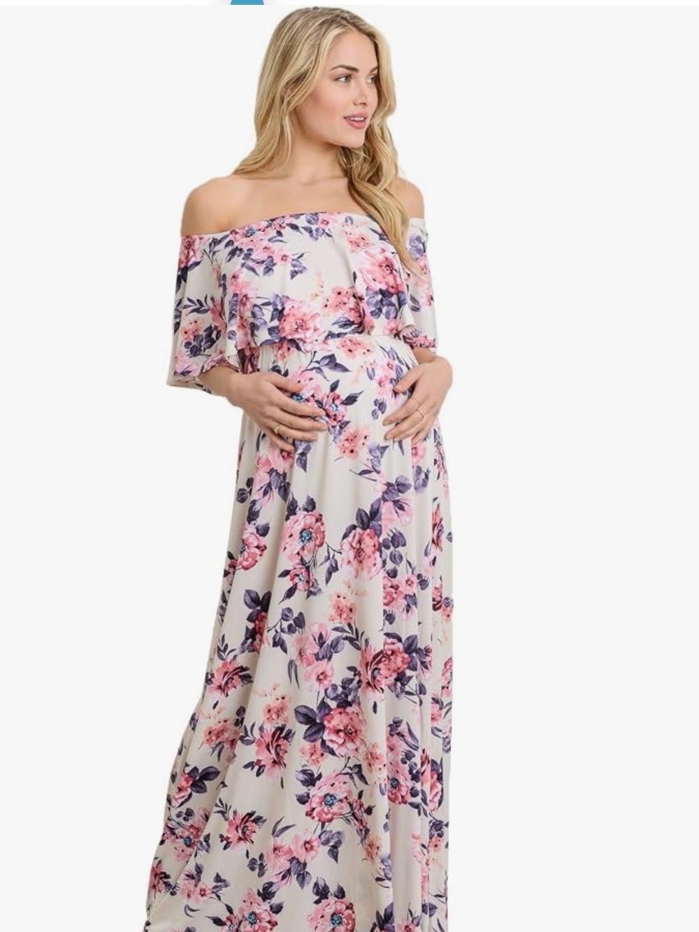 Off-Shoulder Pink Floral Maternity Maxi Dress
